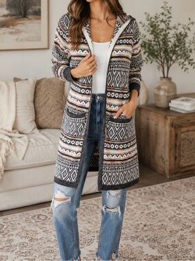 Monteau Los Angeles Open-Front Hooded Long Cardigan Sweater. Women’s Sz-M  Aztec